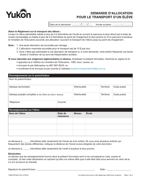 Forme YG6270 Demande D'allocation Pour Le Transport D'un Eleve - Yukon, Canada (French)