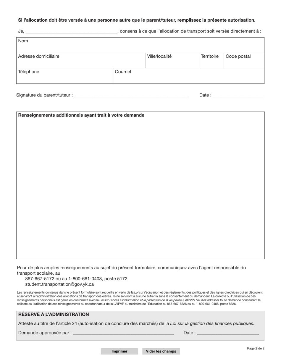 Forme YG6270 Demande Dallocation Pour Le Transport Dun Eleve - Yukon, Canada (French), Page 2