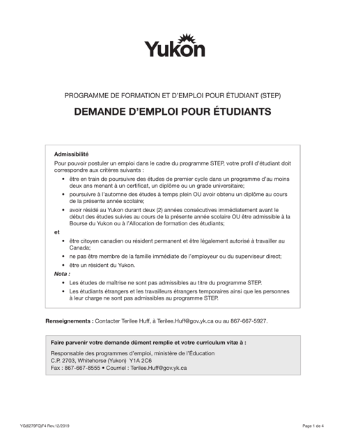 Forme YG6279 Programme De Formation Et D'emploi Pour Etudiants (Step) - Demande D'emploi Pour Etudiants - Yukon, Canada (French)