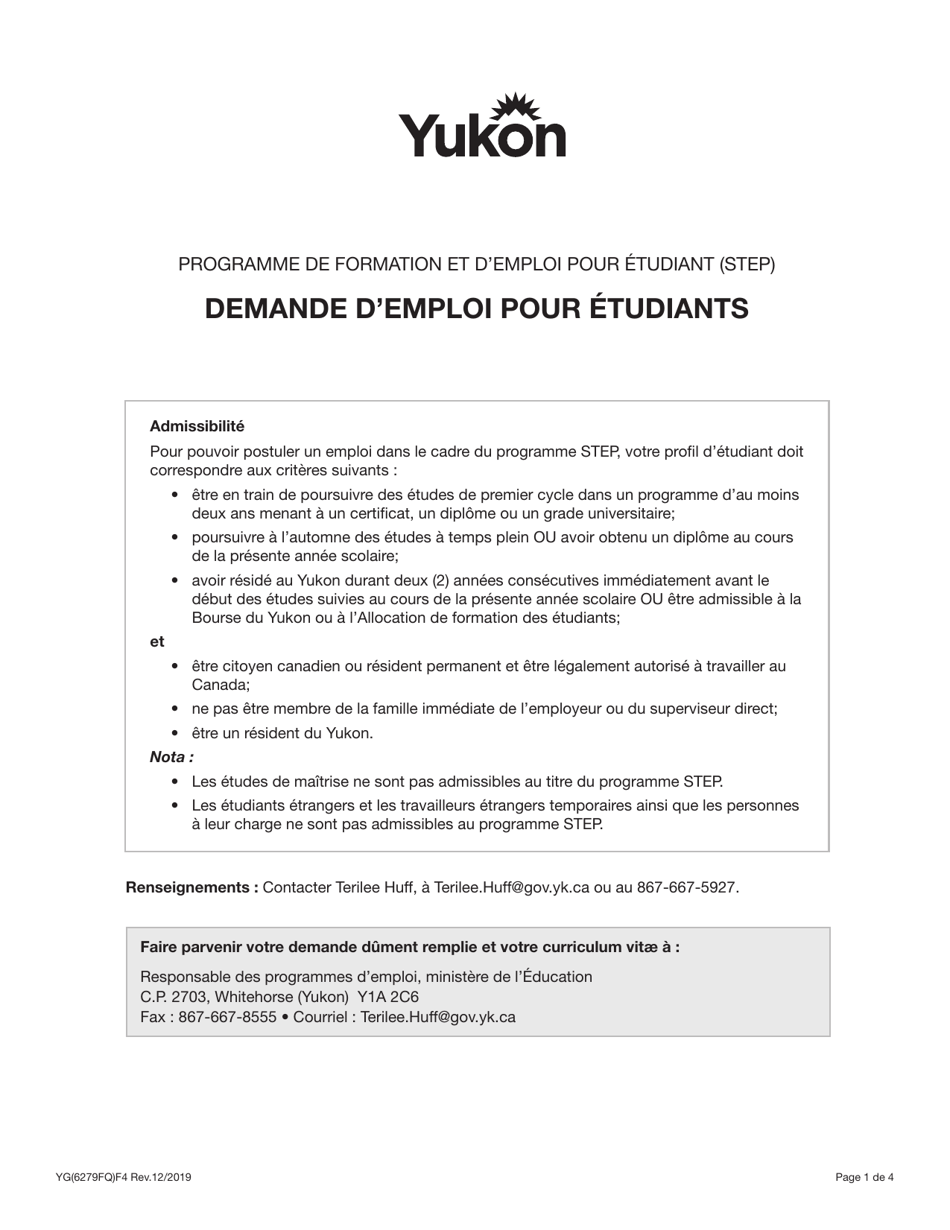 Forme YG6279 Programme De Formation Et Demploi Pour Etudiants (Step) - Demande Demploi Pour Etudiants - Yukon, Canada (French), Page 1