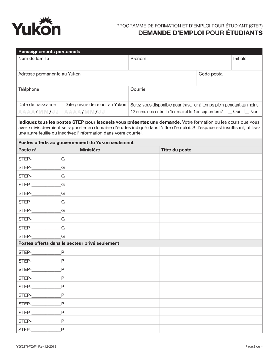Forme YG6279 Programme De Formation Et Demploi Pour Etudiants (Step) - Demande Demploi Pour Etudiants - Yukon, Canada (French), Page 2