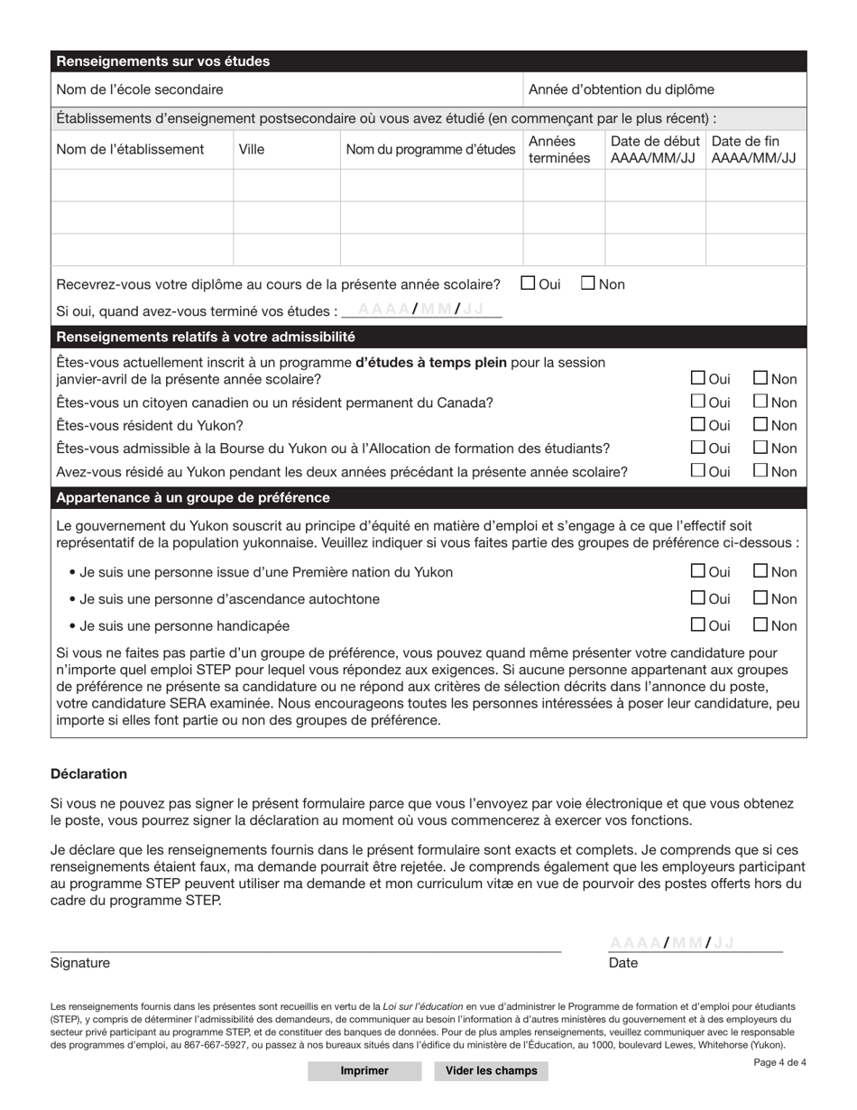 Forme YG6279 Programme De Formation Et Demploi Pour Etudiants (Step) - Demande Demploi Pour Etudiants - Yukon, Canada (French), Page 4