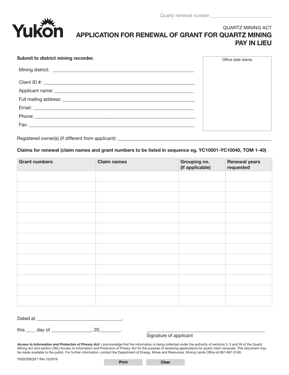 Form YG5220 Application for Renewal of Grant for Quartz Mining Pay in Lieu - Yukon, Canada, Page 1