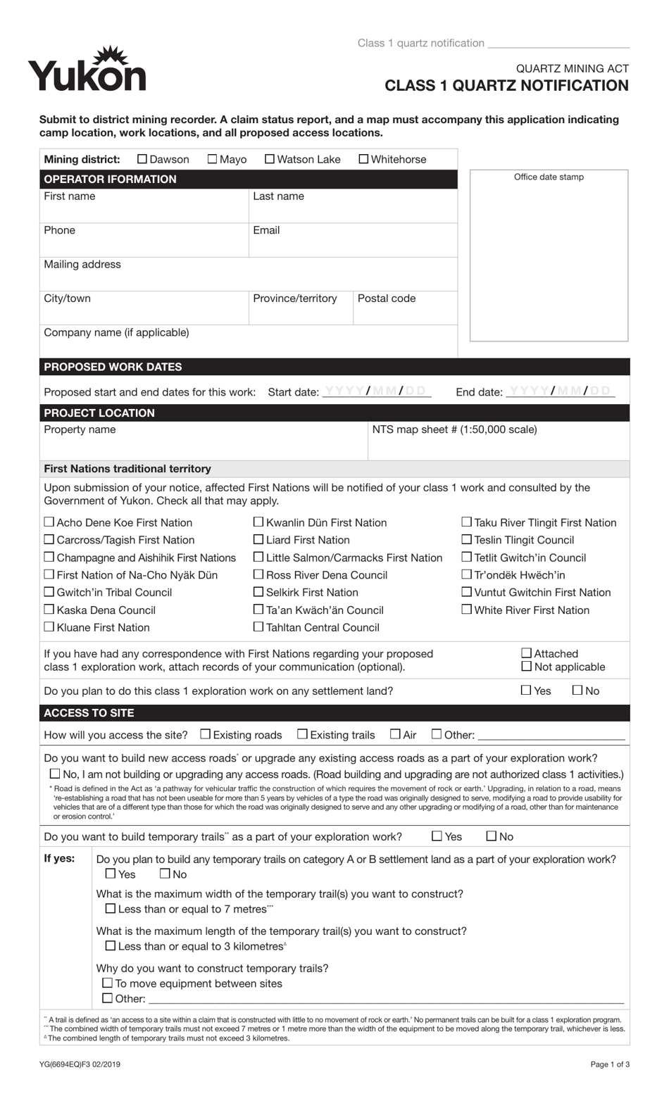 Form YG6694 Class 1 Quartz Notification - Yukon, Canada, Page 1