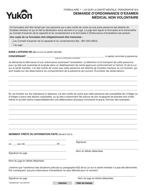 Forme YG3983 (1) Demande D'ordonnance D'examen Medical Non Volontaire - Yukon, Canada (French)