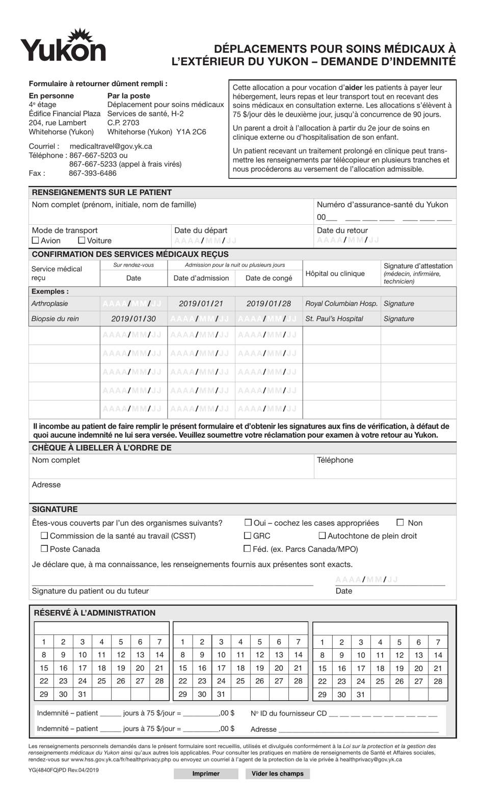 Forme YG4840 Deplacements Pour Soins Medicaux a Lexterieur Du Yukon - Demande Dindemnite - Yukon, Canada (French), Page 1