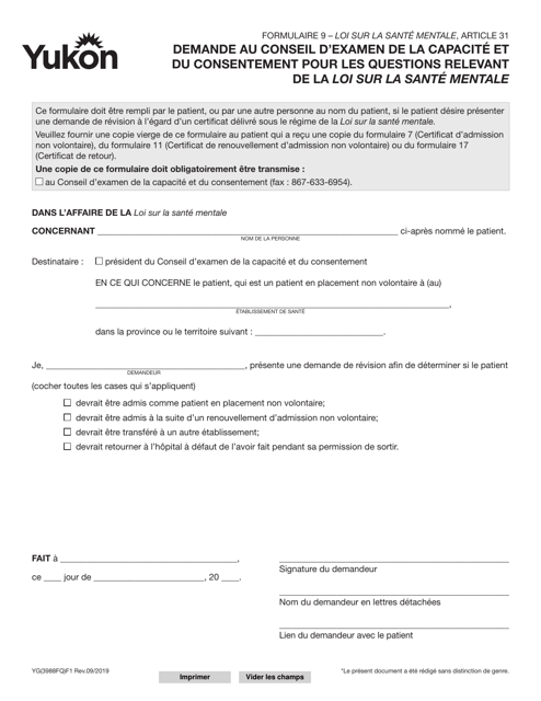 Forme YG3988 (9) Demande Au Conseil D'examen De La Capacite Et Du Consentement Pour Les Questions Relevant De La Loi Sur La Sante Mentale - Yukon, Canada (French)