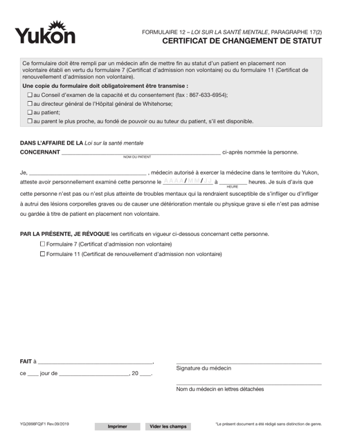 Forme YG3998 (12) Certificat De Changement De Statut - Yukon, Canada (French)