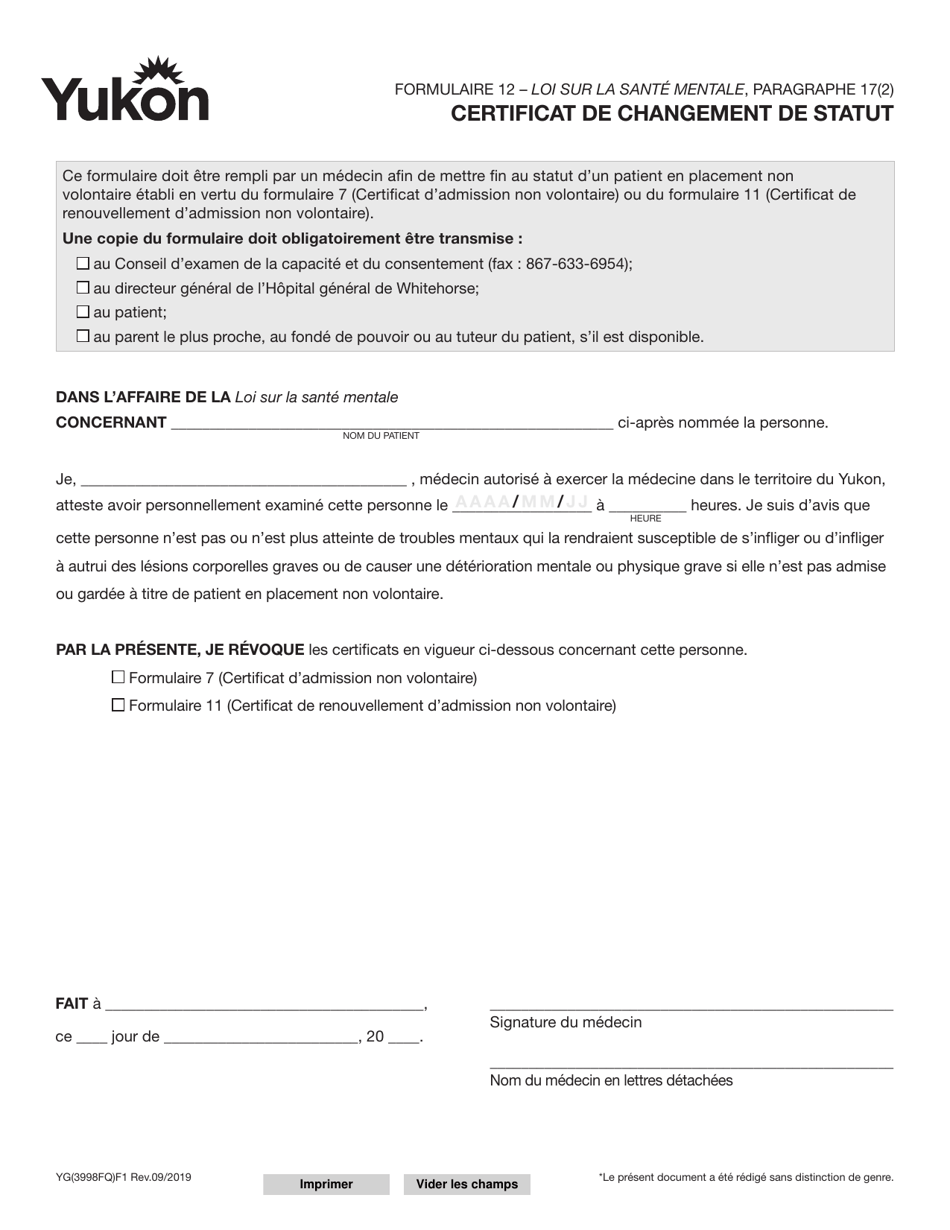 Forme YG3998 (12) Certificat De Changement De Statut - Yukon, Canada (French), Page 1