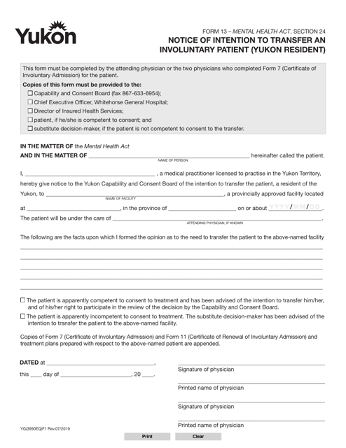 Form 13 (YG3990) Notice of Intention to Transfer an Involuntary Patient (Yukon Resident) - Yukon, Canada