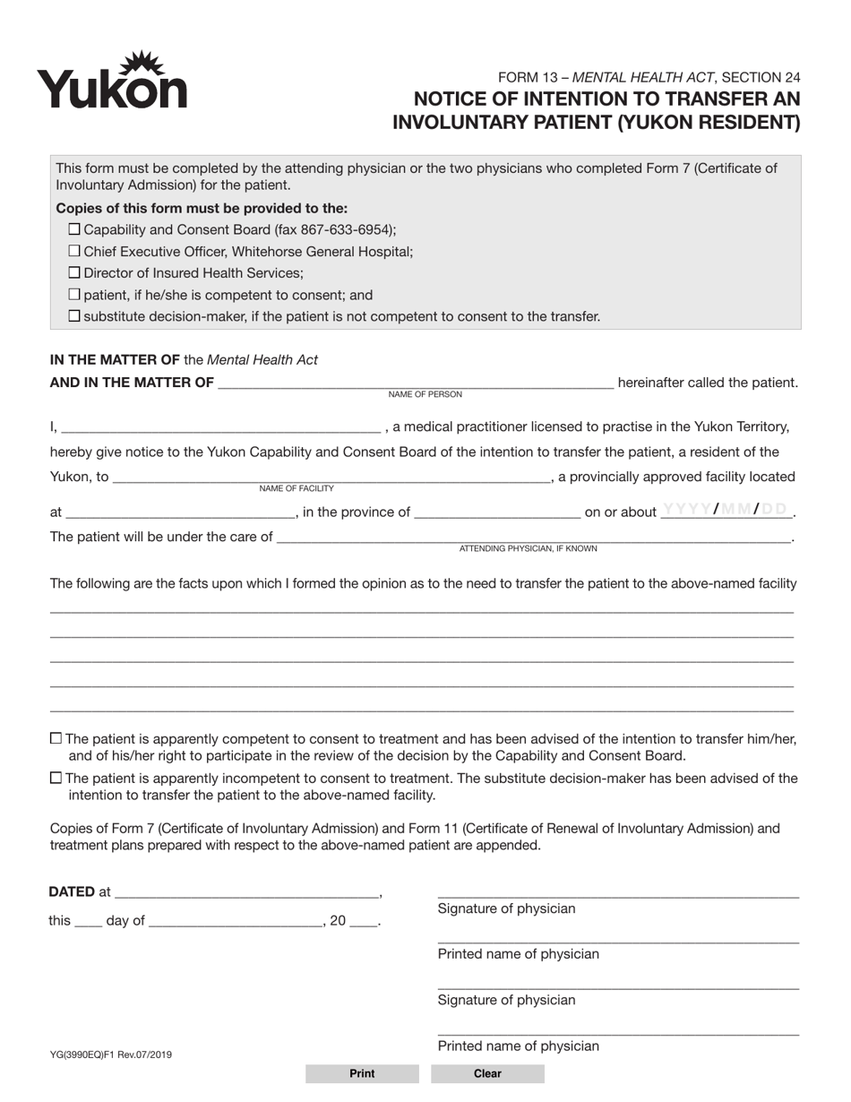 Form 13 (YG3990) Notice of Intention to Transfer an Involuntary Patient (Yukon Resident) - Yukon, Canada, Page 1