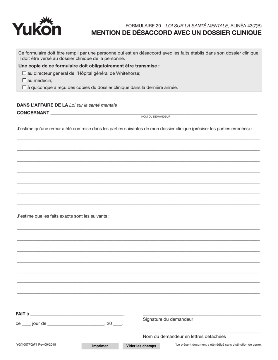 Forme YG4007 (20) Mention De Desaccord Avec Un Dossier Clinique - Yukon, Canada (French), Page 1
