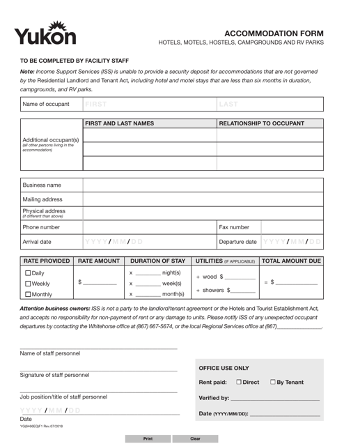 Form YG6466 Accommodation Form - Hotels, Motels, Hostels, Campgrounds and Rv Parks - Yukon, Canada