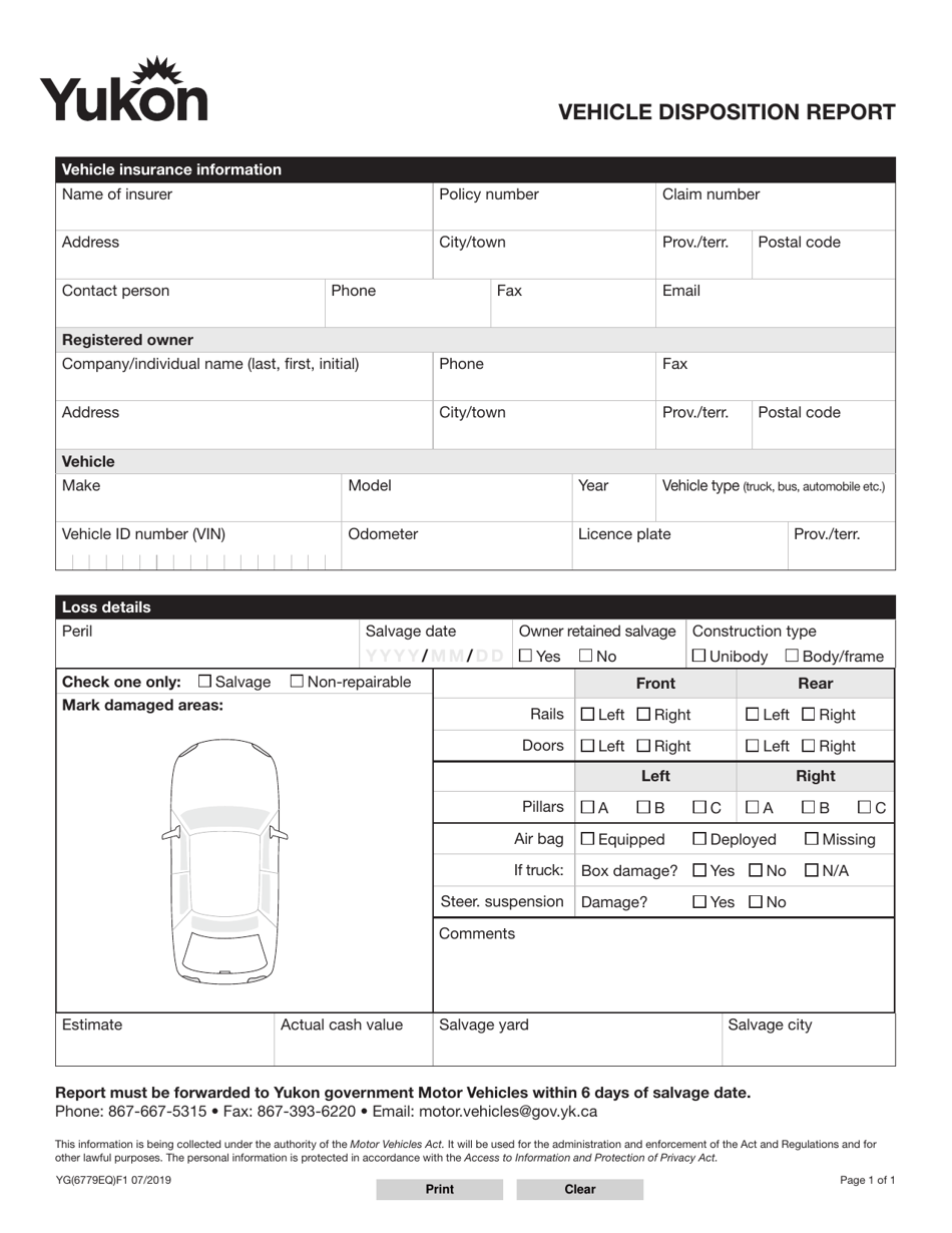 Form YG6779 Vehicle Disposition Report - Yukon, Canada, Page 1