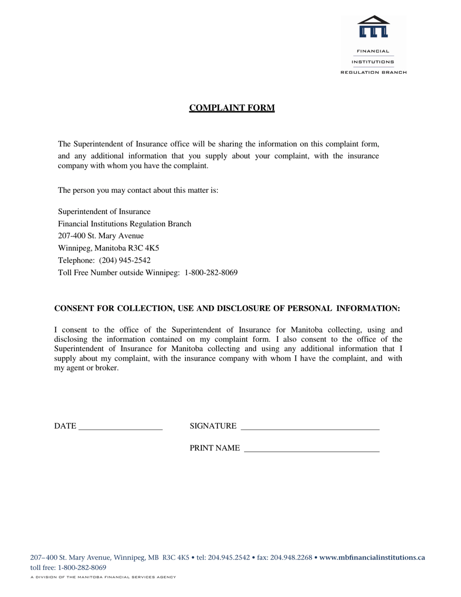 Complaint Form - Manitoba, Canada, Page 1