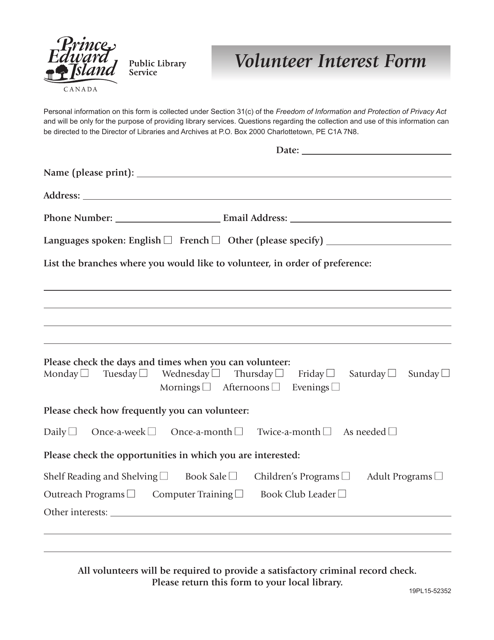 Form 19PL15-52352 Volunteer Interest Form - Prince Edward Island, Canada