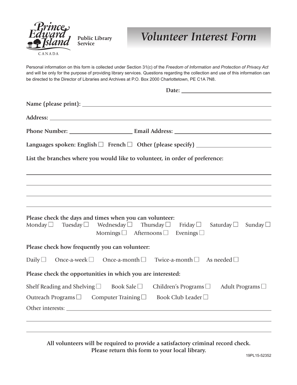 Form 19PL15-52352 Volunteer Interest Form - Prince Edward Island, Canada, Page 1