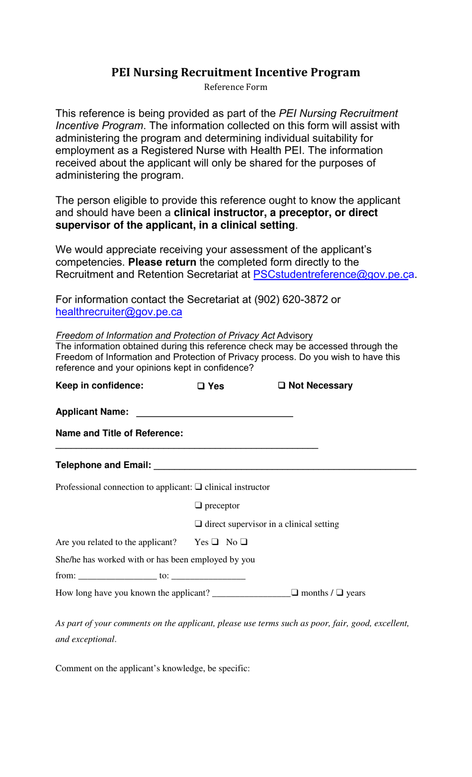 Pei Nursing Recruitment Incentive Program Reference Form - Prince Edward Island, Canada, Page 1