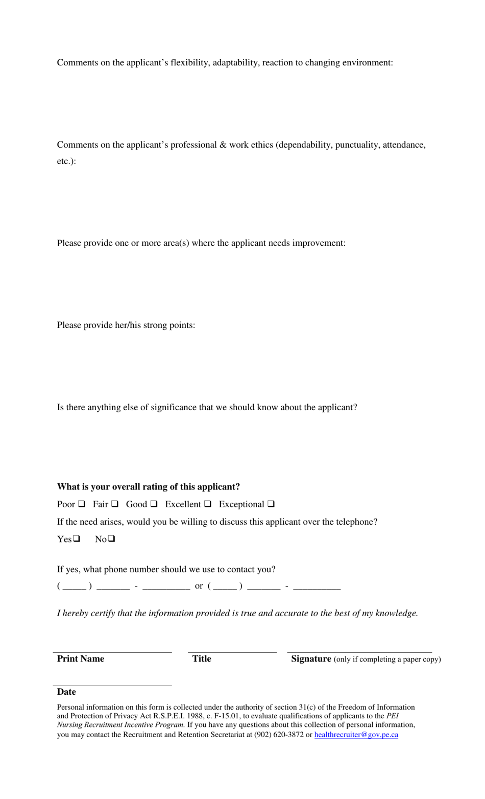 Pei Nursing Recruitment Incentive Program Reference Form - Prince Edward Island, Canada, Page 3