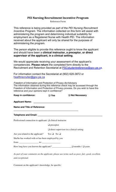 Pei Nursing Recruitment Incentive Program Reference Form - Prince Edward Island, Canada