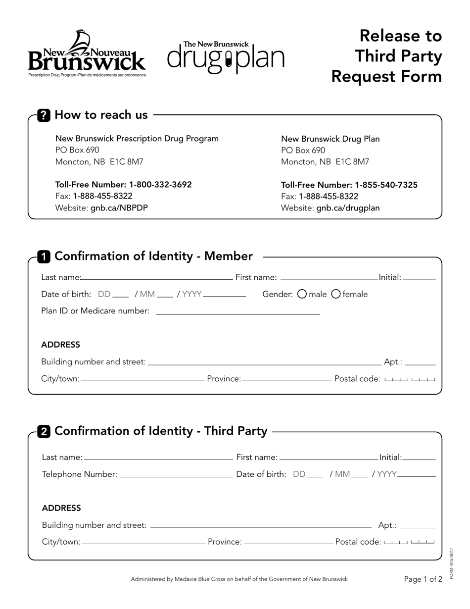 Form 781E Release to Third Party Request Form - New Brunswick, Canada, Page 1