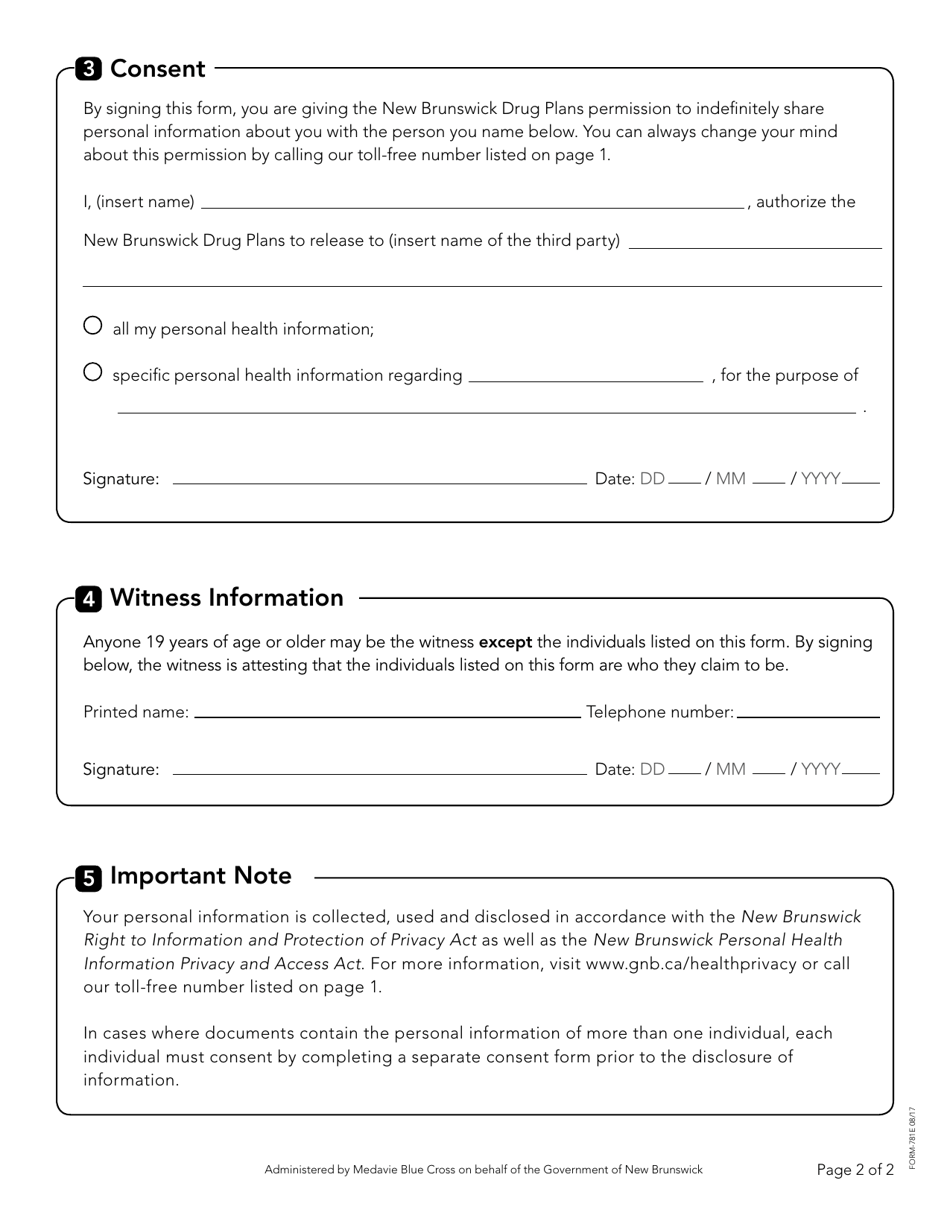 Form 781E Release to Third Party Request Form - New Brunswick, Canada, Page 2