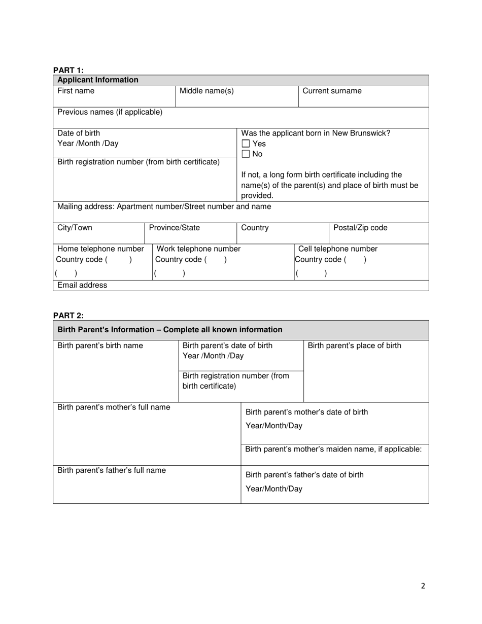 Application for Statement of Original Registration of Birth by the Adult Child of a Deceased Birth Parent - New Brunswick, Canada, Page 2