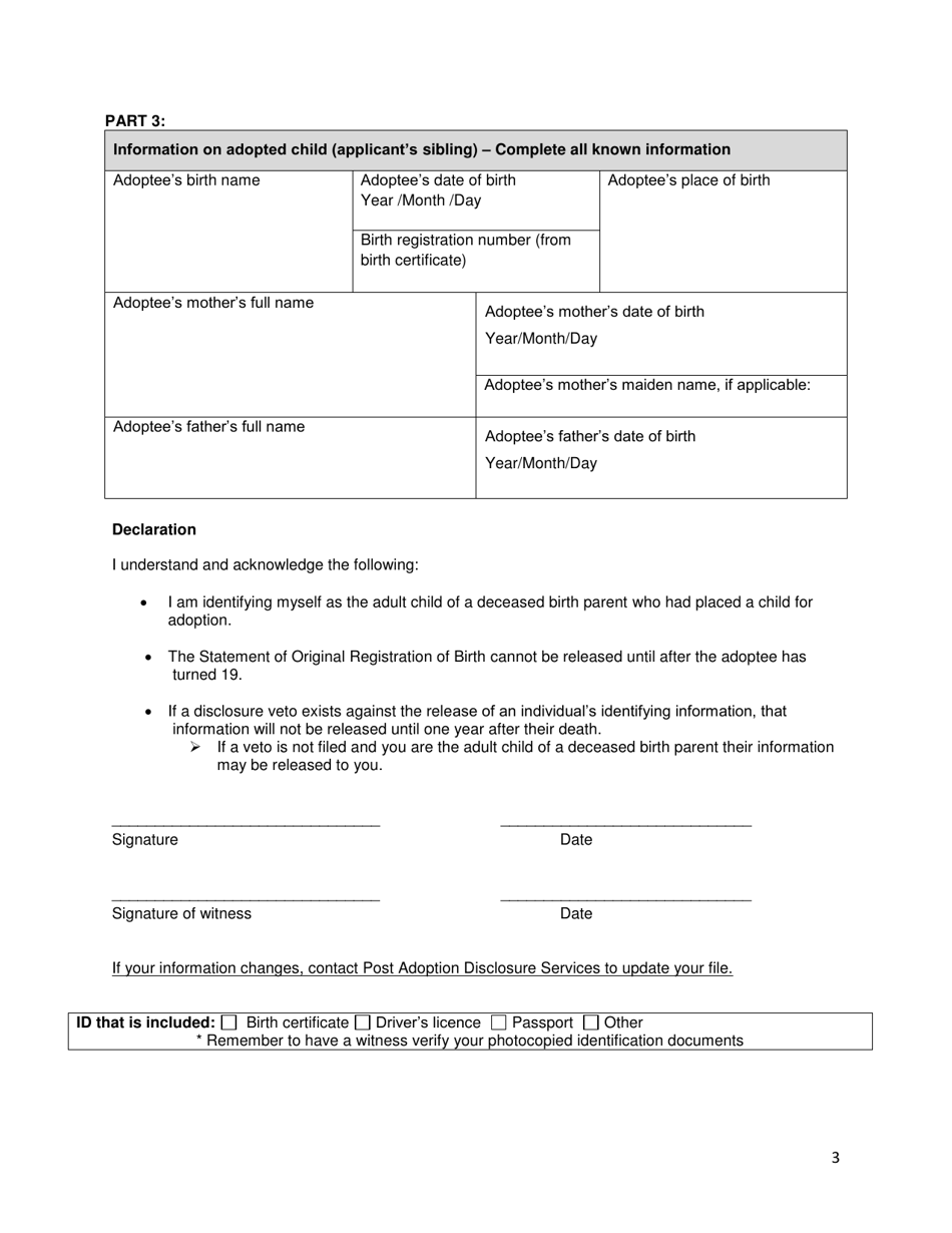 Application for Statement of Original Registration of Birth by the Adult Child of a Deceased Birth Parent - New Brunswick, Canada, Page 3