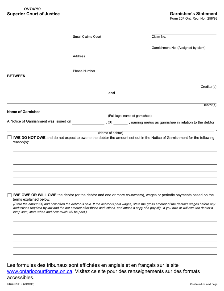 Form 20F Garnishees Statement - Ontario, Canada, Page 1