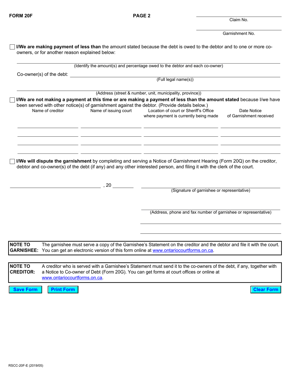 Form 20F Garnishees Statement - Ontario, Canada, Page 2