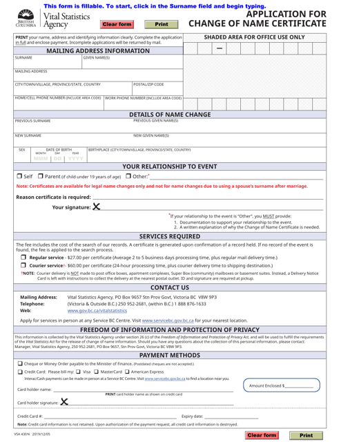 Form VSA430N Application for Change of Name Certificate - British Columbia, Canada