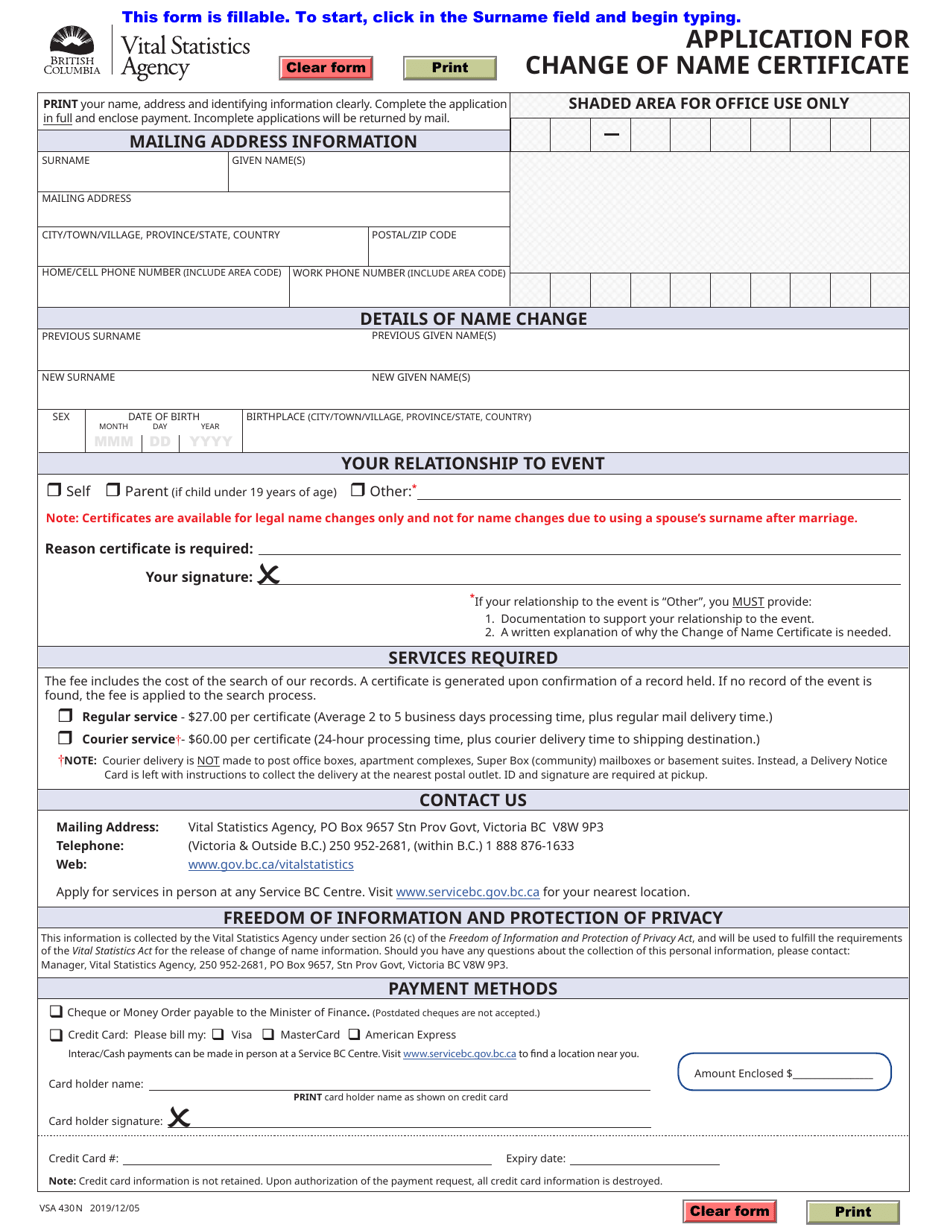 Form VSA430N Application for Change of Name Certificate - British Columbia, Canada, Page 1
