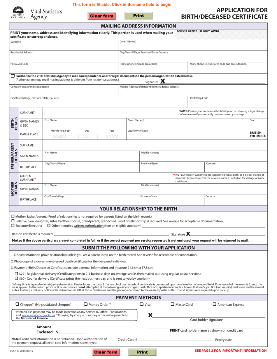 Form VSA413 Application for Birth / Deceased Certificate - British Columbia, Canada, Page 1