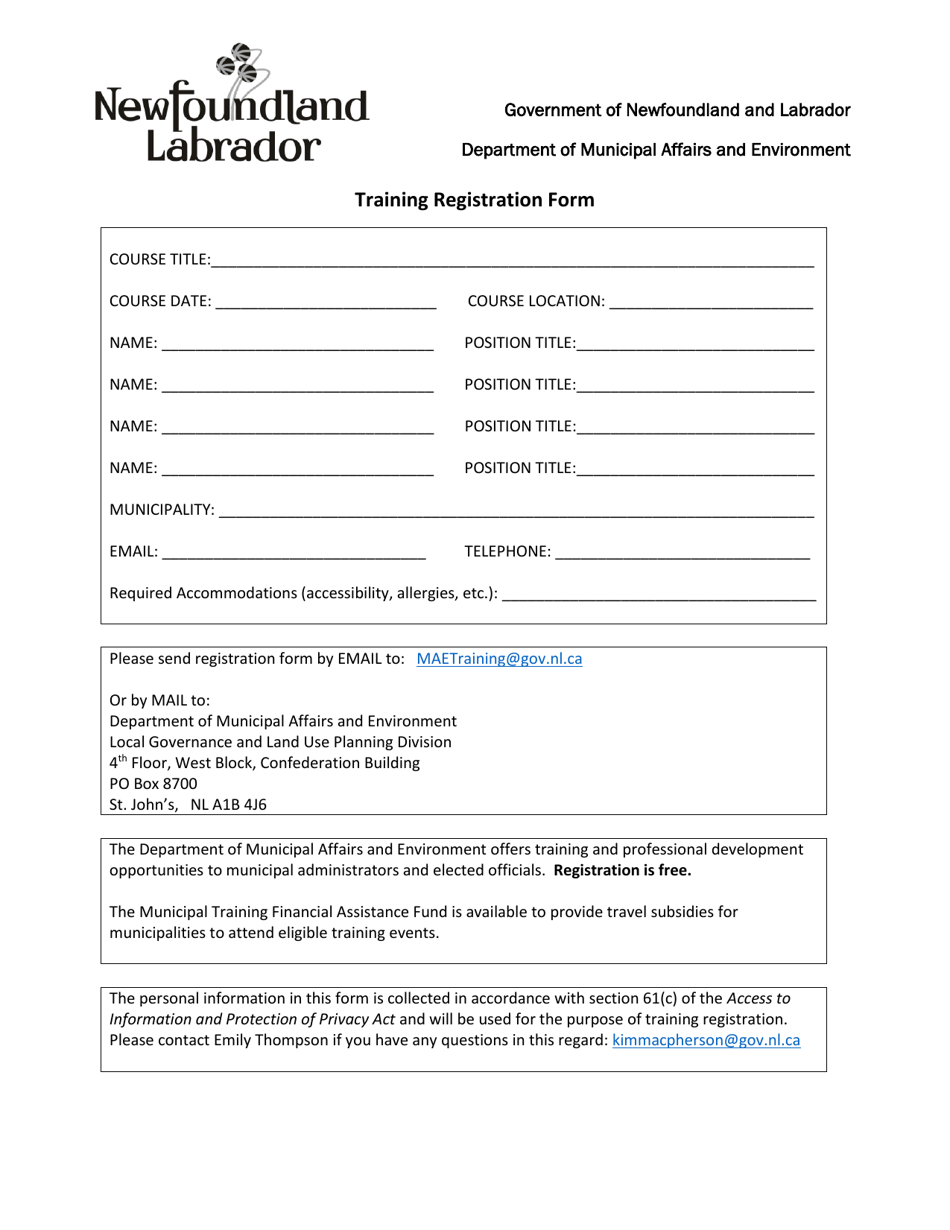 Training Registration Form - Newfoundland and Labrador, Canada, Page 1