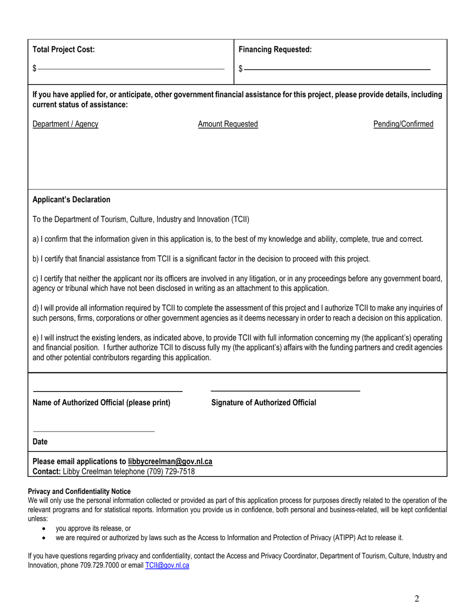 Application for Funding Cultural Economic Development Program - Arts - Newfoundland and Labrador, Canada, Page 2
