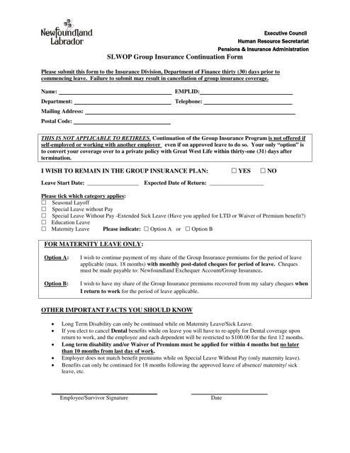 &quot;Slwop Group Insurance Continuation Form&quot; - Newfoundland and Labrador, Canada Download Pdf
