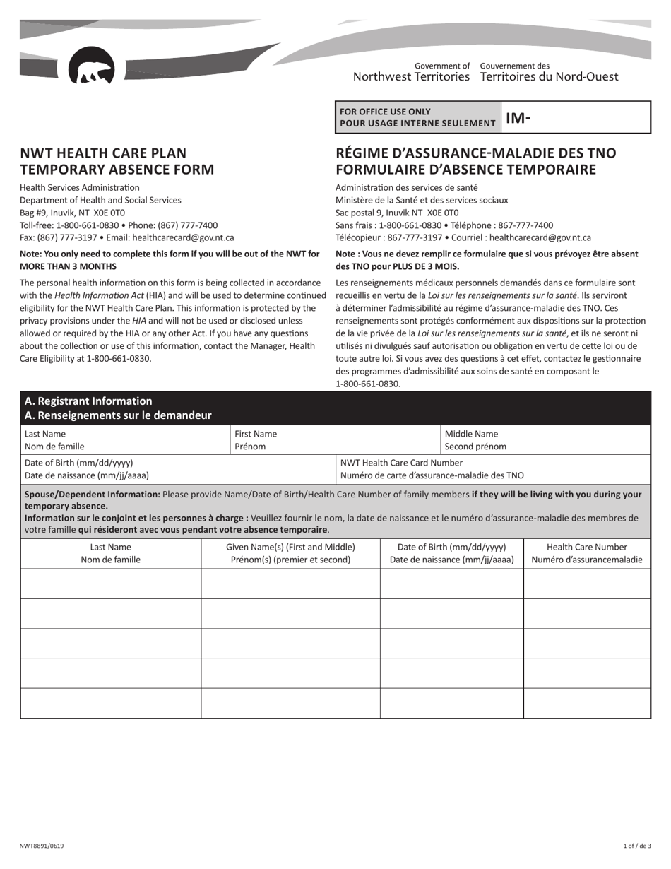 Form NWT8891 Nwt Health Care Plan Temporary Absence Form - Northwest Territories, Canada (English / French), Page 1