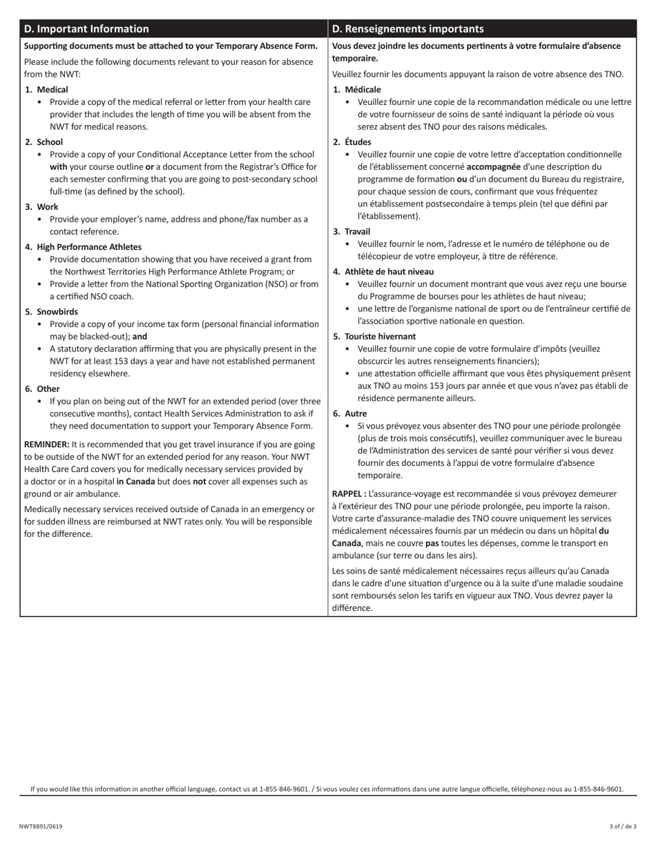 Form NWT8891 Nwt Health Care Plan Temporary Absence Form - Northwest Territories, Canada (English / French), Page 3
