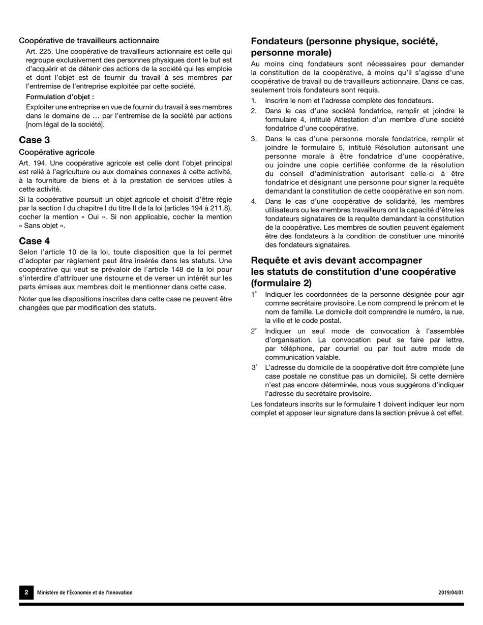 Instruction pour Forme 1, F-CO01 Statuts De Constitution Dune Cooperative - Quebec, Canada (French), Page 2