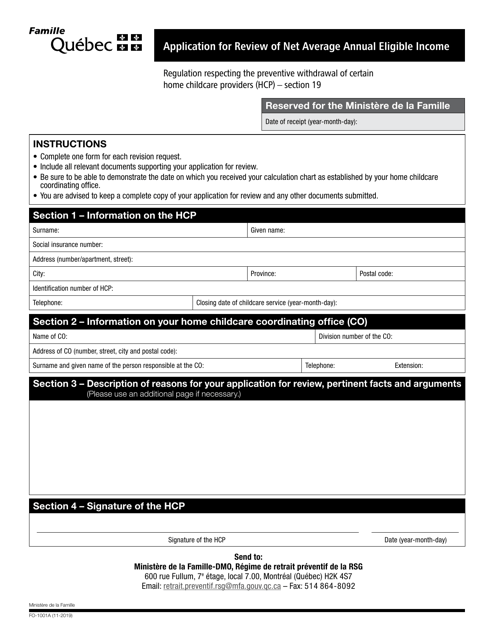 Form FO-1001A Application for Review of Net Average Annual Eligible Income - Quebec, Canada