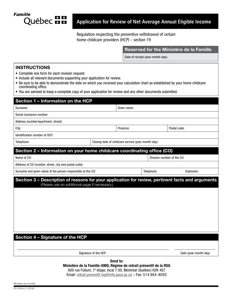 Form FO-1001A Application for Review of Net Average Annual Eligible Income - Quebec, Canada, Page 1