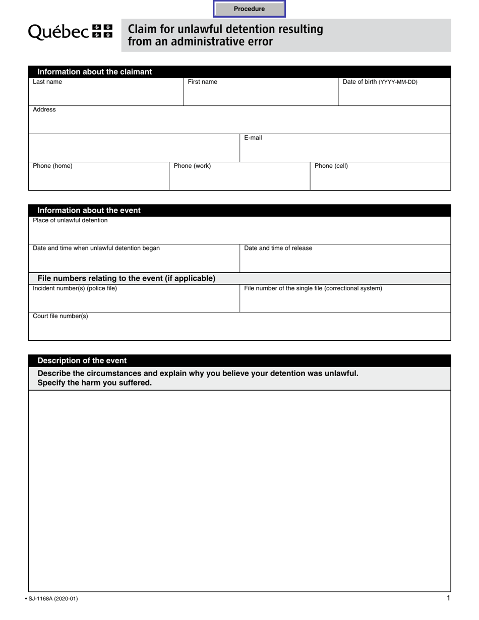 Form SJ-1168A Claim for Unlawful Detention Resulting From an Administrative Error - Quebec, Canada, Page 1