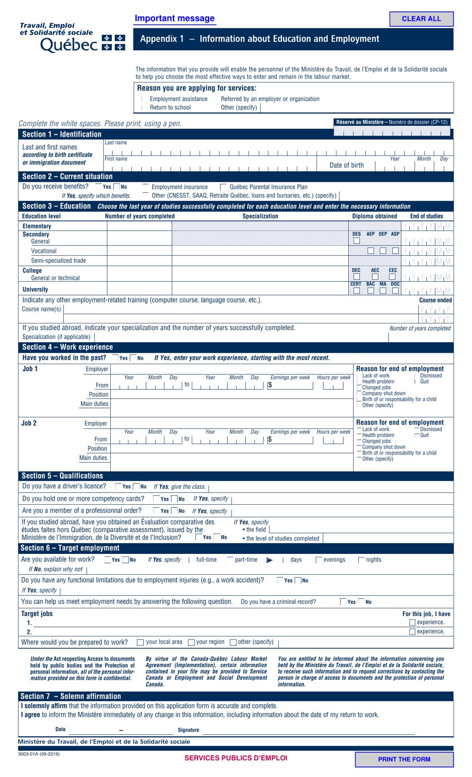Form 3003-01A Appendix 1 Information About Education and Employment - Quebec, Canada, Page 1