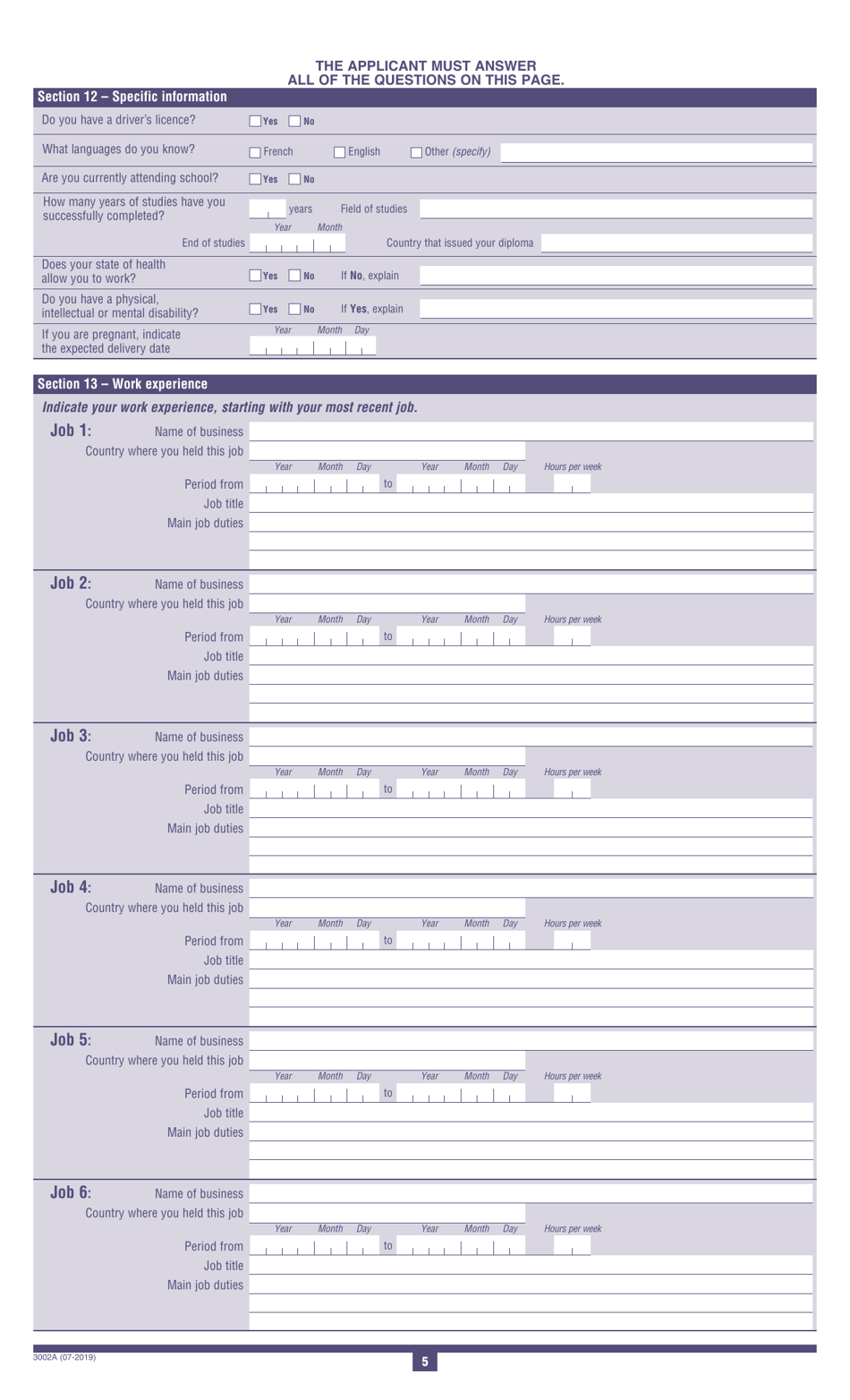 Form 3002A First Application for Last-Resort Financial Assistance - Refugee Protection Claimants - Quebec, Canada, Page 7