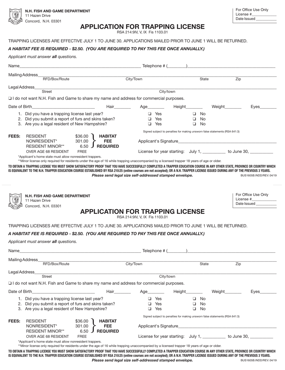 New Hampshire Application for Trapping License Download Printable PDF