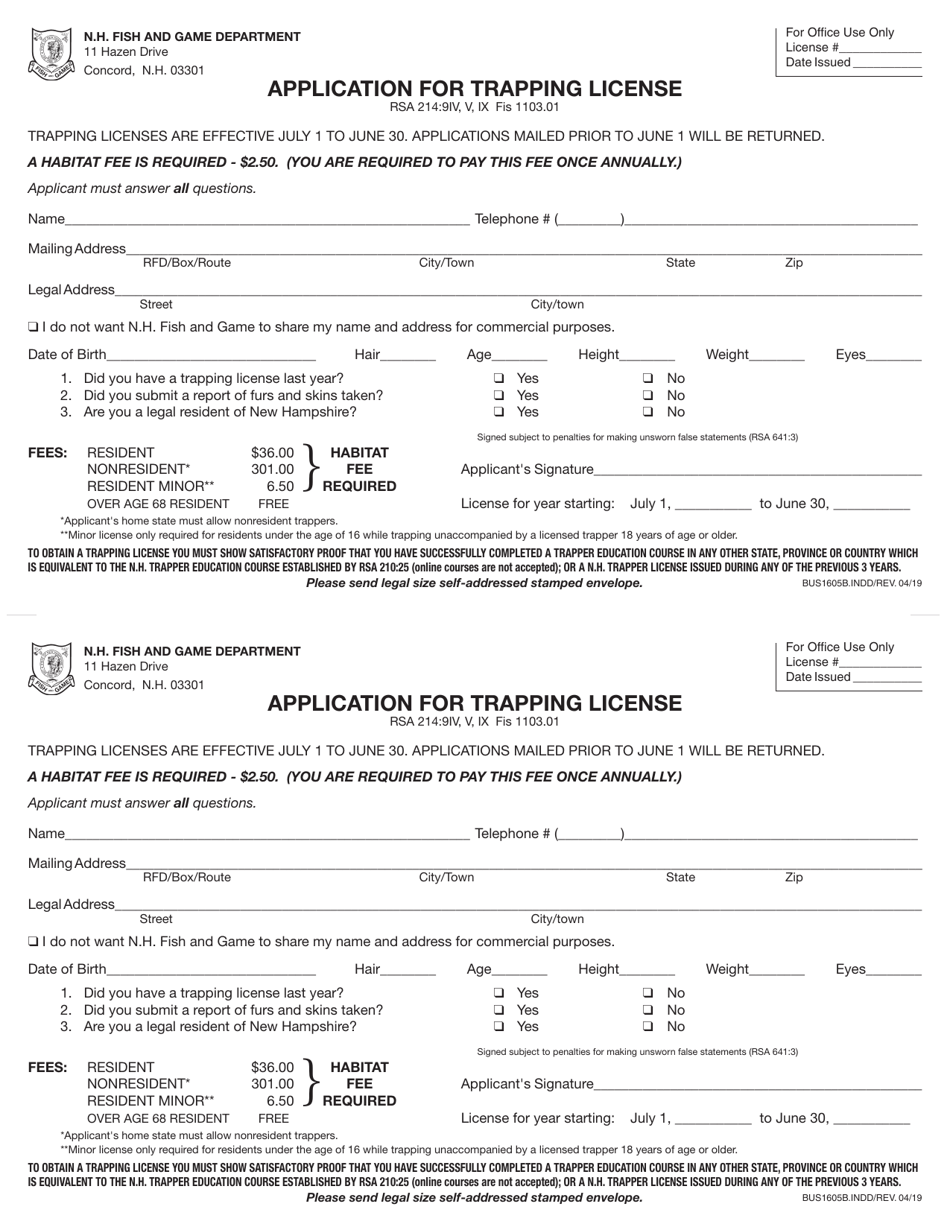 Application for Trapping License - New Hampshire, Page 1