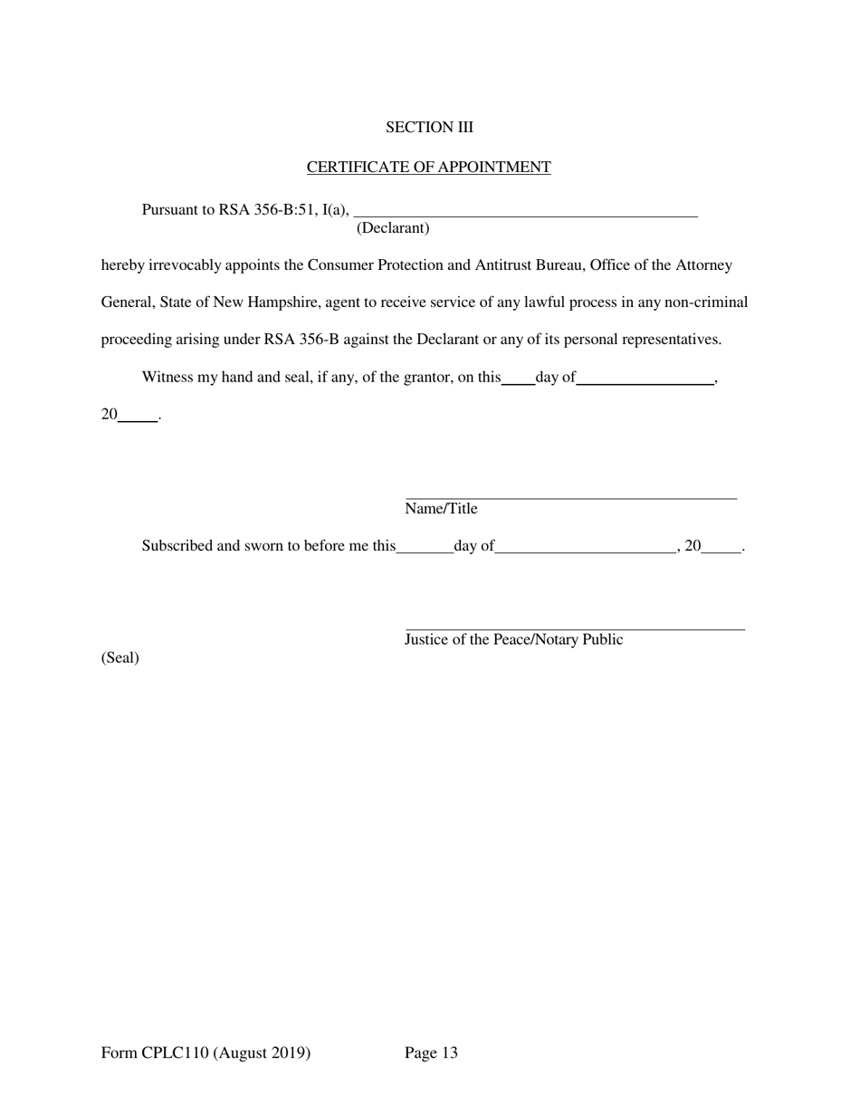 Form CPLC110 Abbreviated Application for Registration - New Hampshire, Page 13