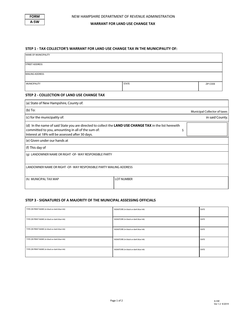 Form A-5W Warrant for Land Use Change Tax - New Hampshire, Page 1