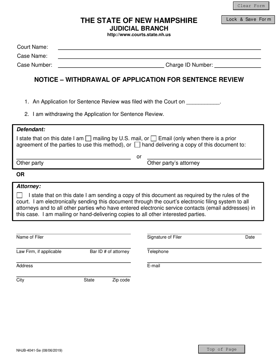 Form NHJB-4041-SE Notice - Withdrawal of Application for Sentence Review - New Hampshire, Page 1