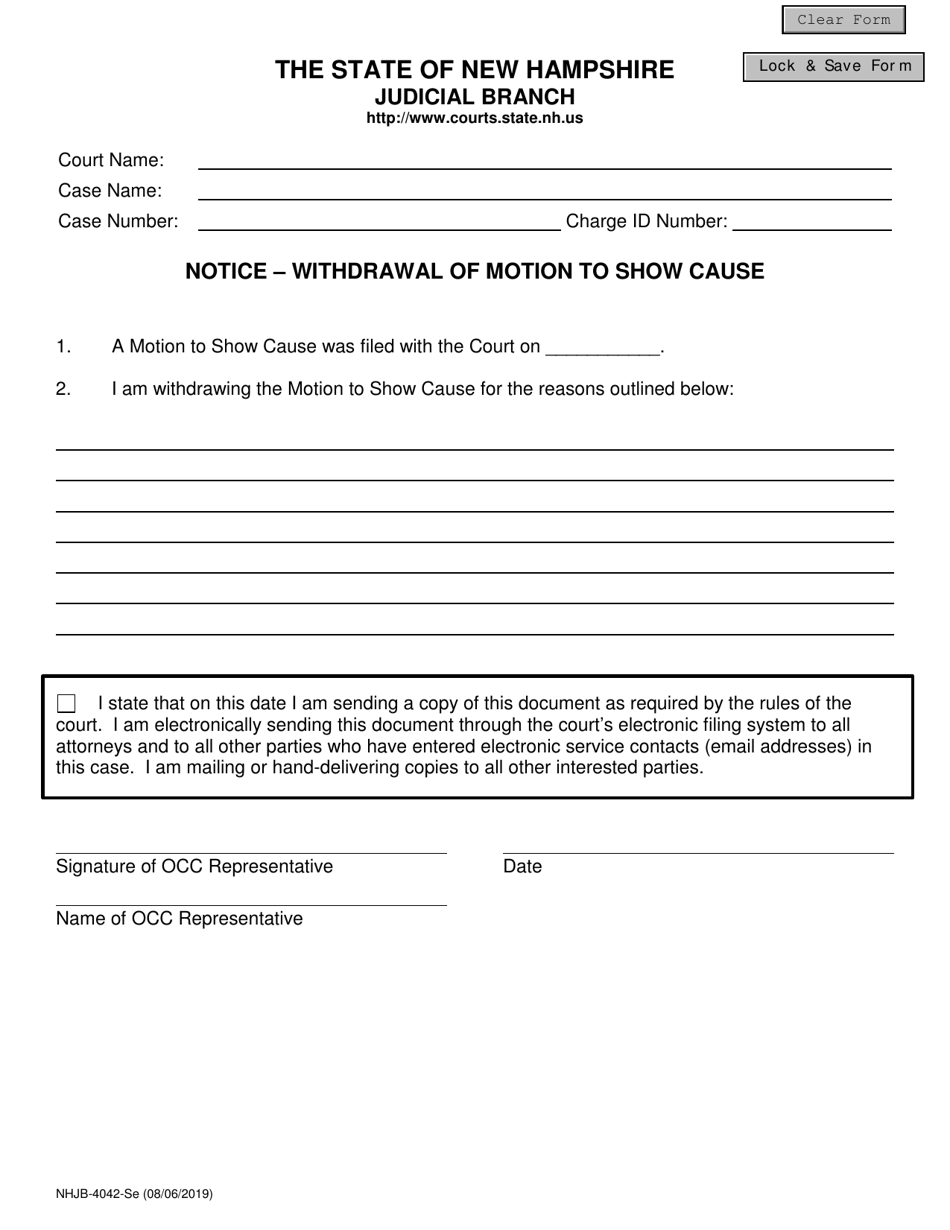Form NHJB-4042-SE Notice - Withdrawal of Motion to Show Cause - New Hampshire, Page 1